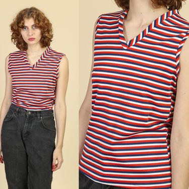 70s Red White & Blue Tank - Medium to Large | Vintage Sleeveless Striped Blouse 