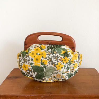 Bright Yellow and Green Floral Print Handbag with Wooden Handles - 1960s 