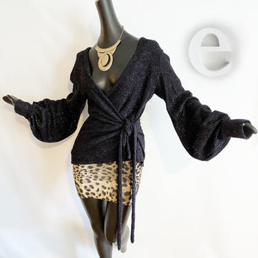 Vintage 70s 80s Disco Top Sweater • Black + Glitter Surplice Wrap with Poet Sleeves • Sexy Dramatic Clubbing Studio 54 Club Kids • M Large 