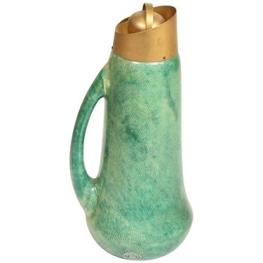 Mid Century Modern Sculptural Pitcher by Aldo Tura in Green Goatskin and Brass Accents 