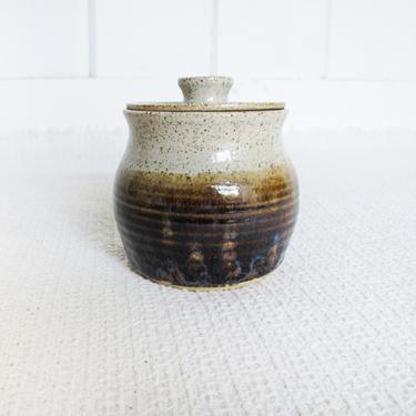 Small Vintage Hand Made Vibrant Colorful Varied Brown, Amber and Blue Ceramic Pottery Pot with Original Lid and Button Top 