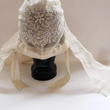 Antique Beige Bonnet Lace Embroidered Night Cap / Victorian Edwardian Ivory White Gauze Cotton Frilly Romantic Cap Dutch Belgian French 