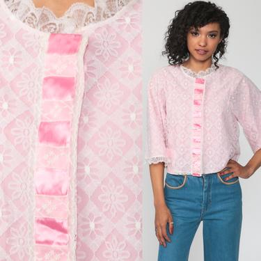 Lingerie Pajama Shirt 60s Pink Lace Pajamas Top Button Up Sleep Shirt Baby Pink Pastel Vintage 70s Pajama Top Pinup Sexy Small 