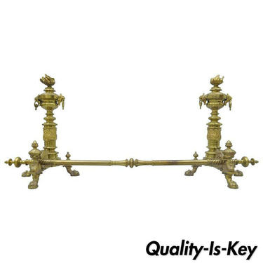 Pair of 19th C. French Empire Neoclassical Flame &amp; Lion Brass Paw Andirons &amp; Bar