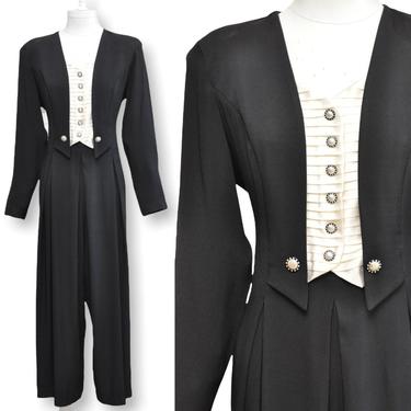 Vintage 80’s Women’s Tuxedo Jumpsuit Black and White One Piece Romper with Wide Lwgs Tie Back Waist 