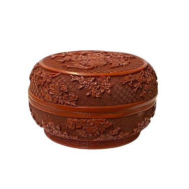 Chinese Red Resin Lacquer Round Floral Carving Accent Box ws1947E 