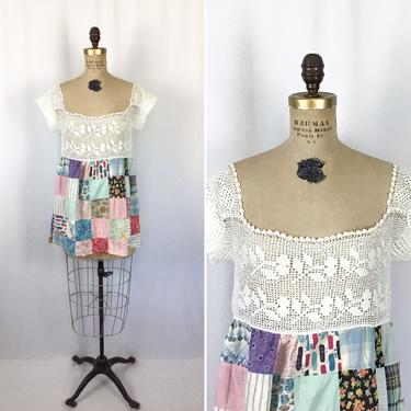 One of a kind top | Vintage inspired crochet lace and quilt top | Edwardian influenced crochet cami 50s quilt shirt 