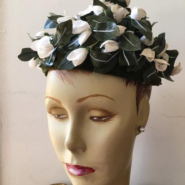Vintage rose hat, summer hat, 1950s flower hat, green and white hat, Amy New York millinery, statement hat, mrs maisel style 