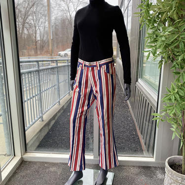 FARAH Vintage 1970s Vertical Stripe Red White and Blue Cropped Flare Jeans - Size 8 - Groovy Hippie 70s Denim 