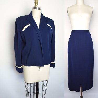 Vintage 1940s Gabardine Suit 40s Blue and White Jacket and Skirt 