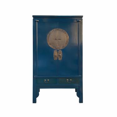 Oriental Distressed Indigo Blue Moon Face Tall Wedding Armoire Cabinet cs7083E 