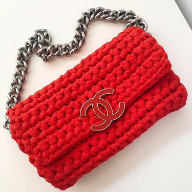 CHANEL CC Logo Red Classic Flap Crochet Woven Knit Thick Chain Shoulder Tote Handbag Purse Bag 