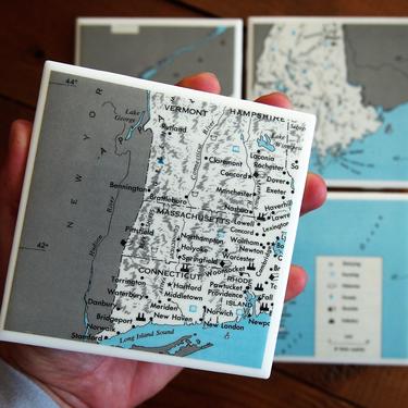 1971 New England US Vintage Map Coasters - Ceramic Tile Set of 4 - Repurposed 1970s Textbook - Maine Vermont New Hampshire Connecticut RI MA 