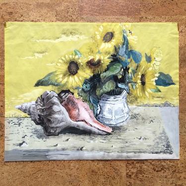 Rare Guy Maccoy Gouache Still Life Painting, Sunflowers Seashell 1945 Listed WPA 