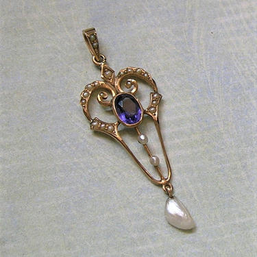 Antique 10K Gold Lavaliere Pendant With Seed Pearls and Amethyst, Antique Edwardian Gold Lavaliere Pendant, Pearl and Amethyst Pendant #3746 