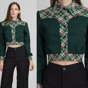 70s Forest Green Plaid Trim Crop Top - Extra Small | Vintage Long Sleeve Retro Collared Cropped Shirt 