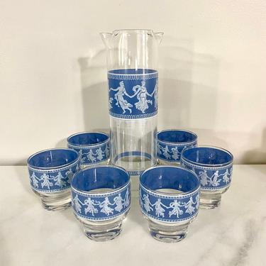 Blue Grecian Vintage Glass Martini Set, Pitcher with six glasses 