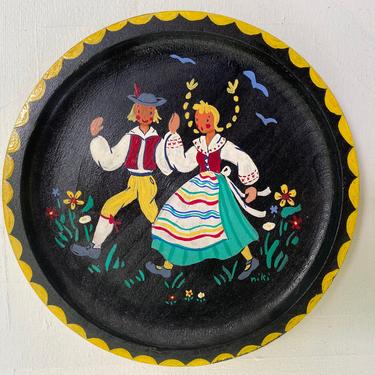 Vintage Scandinavian Hand Painted Wooden Plate By Niki, Scandi Boy And Girl, Black Wood Plate Hand Painted Couple Walking, Signed By Artist 