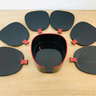 Vintage Mid Century Modern Lacquer Japanese Fan Coasters and Stand - Set of 6 