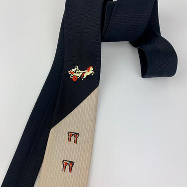 Early 1960's RAYON TIE - 2 Tone Black with Blush - Horse with Chariot - Greek Columns - Slim Square-End Tie 