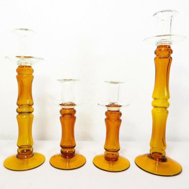 VTG Faux Bamboo MURANO AMBER GLASS CANDLE HOLDERS 4 PIECE SET Venetian Barovier