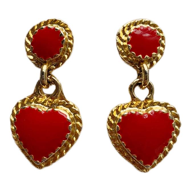 heart shape earrings Vintage 1980s Rhinestone and red enamel Clip On Earrings gold tone metal