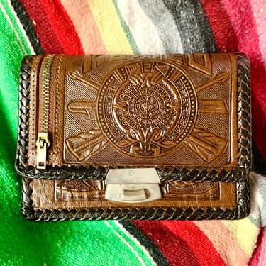 Vintage Hand Tooled Leather Wallet, Small Clutch, Mexico, Aztec, Roomy, EXCELLENT 