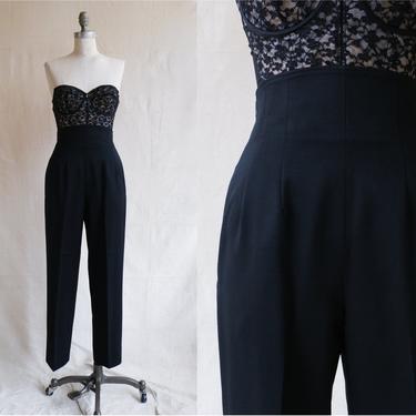 Vintage Black Ribcage Trousers/ Ultra High Rise Curved Waist Cigarette Pants/ Size XS 25 