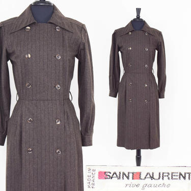 RESERVED for Davilla.......1980s Gray Wool Pinstripe Dress | 80s Brown Wool Dress | Yves Saint Laurent | Rive Gauche | Large 