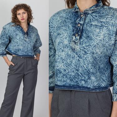 80s Acid Wash Henley Crop Jean Shirt - Medium | Vintage 3/4 Sleeve Cropped Collared Denim Top 