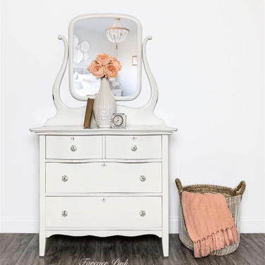 Antique Four Drawer White Dresser with Swing Mirror, Vintage Painted Chest of Drawers with Crystal Hardware 