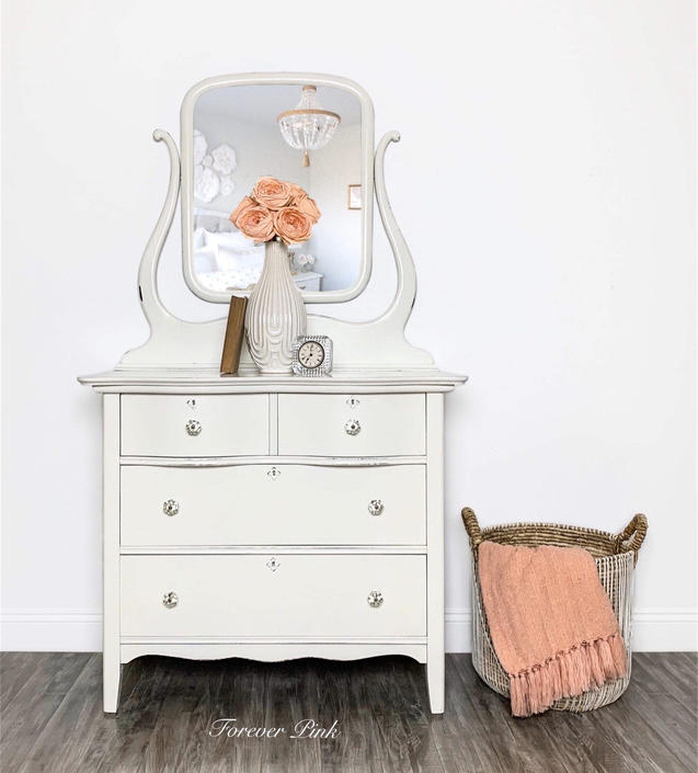 Antique Four Drawer White Dresser With Swing Mirror Vintage