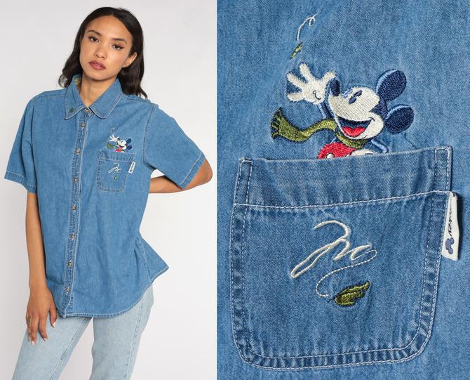 Mickey and Minnie Shirt Disney Shirt Denim Tank Top Mickey Mouse Unlimited Button Up Vintage 90s Jean Shirt Blue Medium