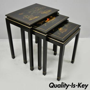 3 Vtg Oriental Handpainted Black Lacquer Nesting Side Tables by Katherine Henick