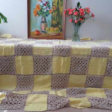 Vintage Crotchet Bedspread Coverlet - Butter Yellow Linen and Beige Squares - Handmade - Sofa Couch Cover 