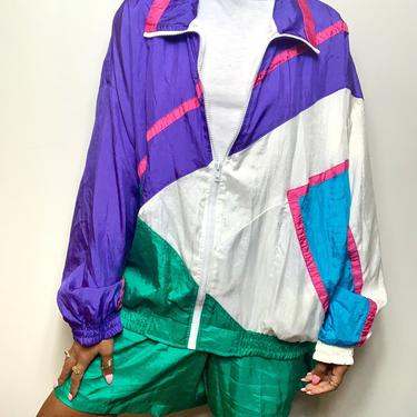 VINTAGE 90s Teal and Purple Color Block Tracksuit Shorts Set Sz M 