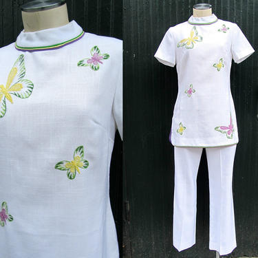 RESORT READY Vintage 60s Blouse and Pants Set | 1960s R&amp;K Originals Butterfly Aplique Summer Dead Stock 2 Piece | Tiki, Mod | Size Small 