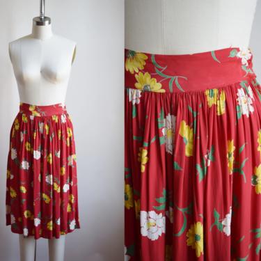 1940s Cold Rayon Floral Print Skirt | XS/S | Vintage 40s Red and Yellow Floral Print Midi Skirt 