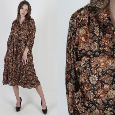 Vintage Sheer Black Dress / 70s Flower Knee Length Dress / 1970s Dark Autumn Floral Elastic Waist / Wildflower Button Down Midi Mini Dress 