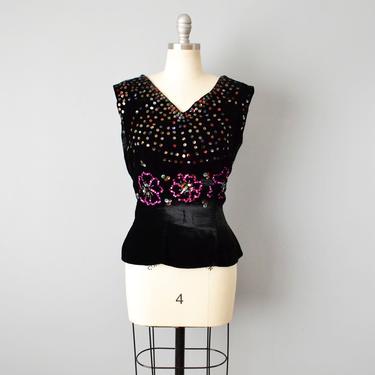1950s Black Velvet Sequined Top /Mexican Velvet / 50s Sequined Blouse / Size Medium 