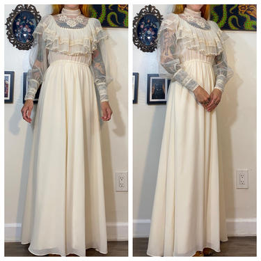 Vintage 1970’s Mesh and Lace Edwardian Inspired Maxi Dress 
