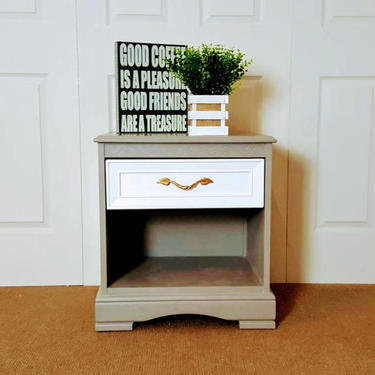 Night stand / bed side table in french linen and white with bronze hardware by Unique