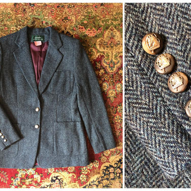 Ralph Lauren slate blue wool herringbone blazer, horse head buttons | Autumn equestrian jacket, 8 