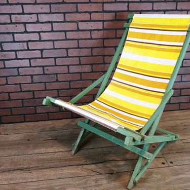 Vintage Wood Green Rocking Fabric Folding Garden/Lawn/Beach Lounge Chair 