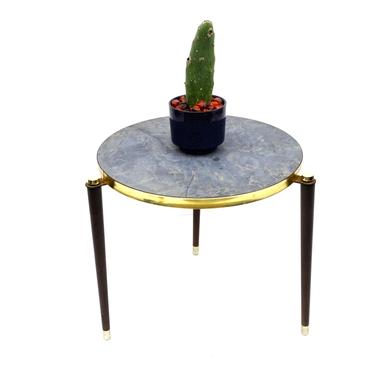 Mid-Century Marble Grey &amp; Gold Formica Accent Table/Plant Stand  Walnut Tapered Legs Brass Trim Circular Retro Side Table 