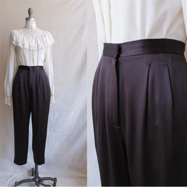 Vintage 80s Chocolate Silk Trousers/ 1980s Dark Brown High Waisted Cropped Ankle Pants/ Size 25 26 