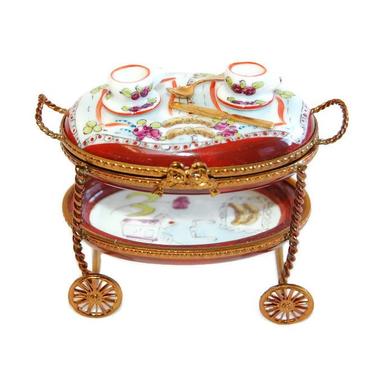 Rochard Limoges Tea for Two Rolling Cart French Vintage Trinket Box Miniature Collectibles Hand Painted Porcelain 