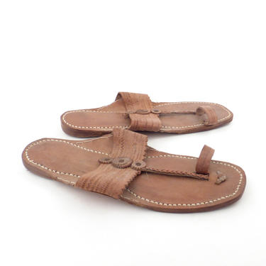 Leather Slippers Sandals Vintage 1980s Honey Brown India 