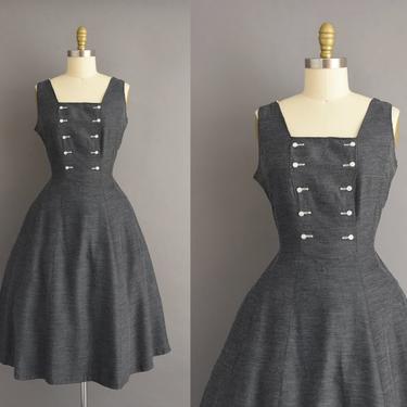 vintage 1950s dress | Gorgeous Charcoal Gray Full Skirt Fall Winter Cotton Dress | Large | 50s vintage dress 