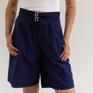 Vintage 27 Waist Pleat Blue Twill Chino Shorts | Italy Belted High Rise Workwear | Button Fly | SB024 